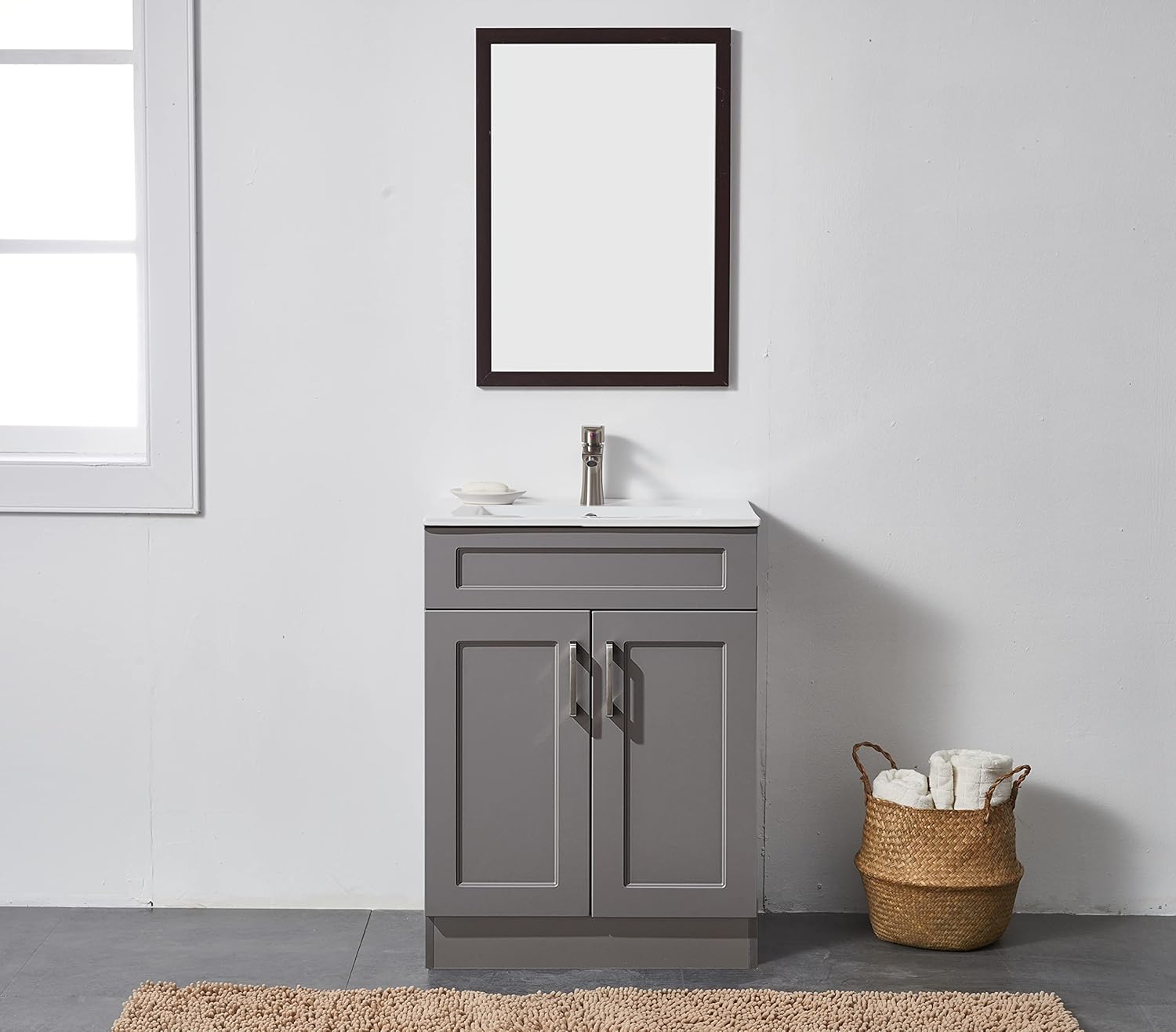 24 Inch Bathroom Vanity with Sink, Gray Cabinet and White Ceramic Basin O59220