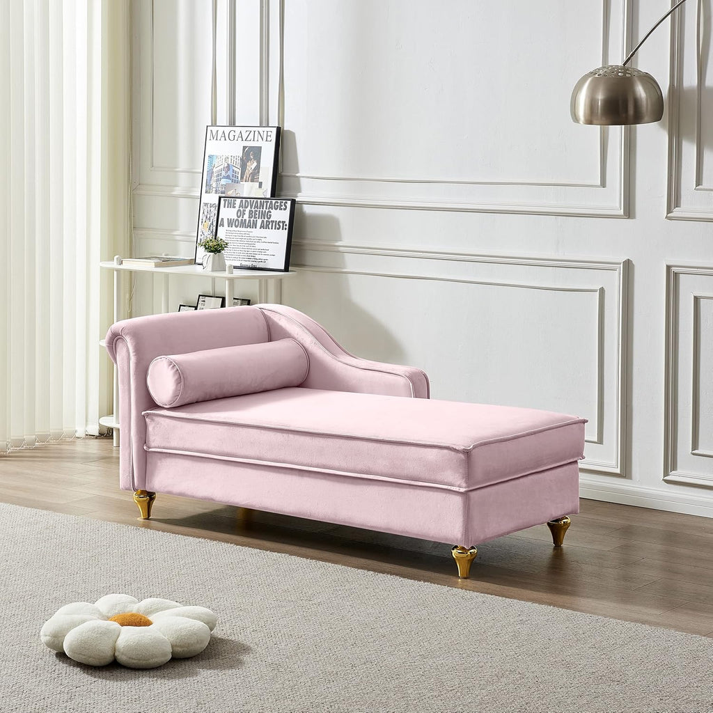 Modern Upholstered Chaise Lounge Chair with Storage, Velvet, Gold Metal Legs, Pink P94677
