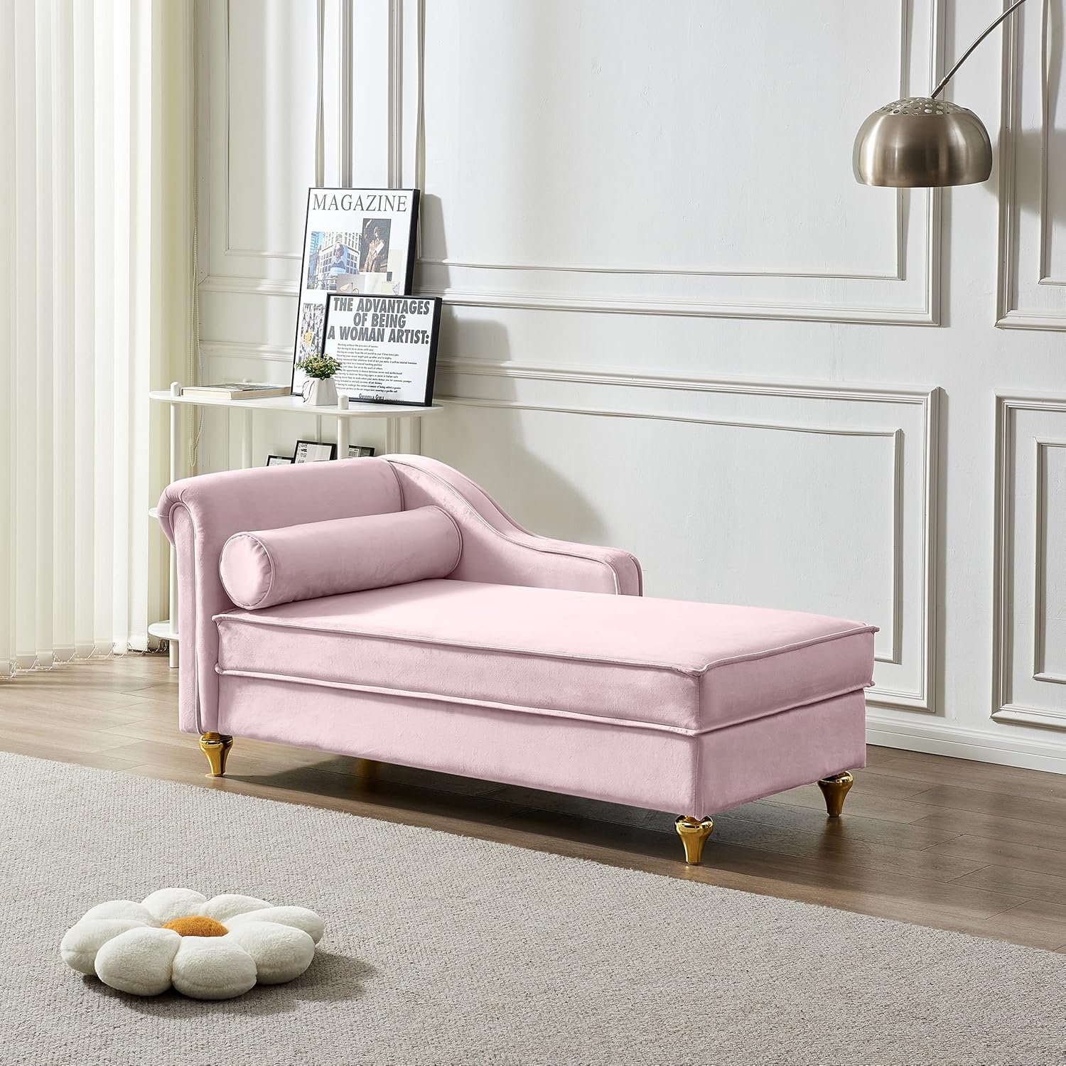 Modern Upholstered Chaise Lounge Chair with Storage, Velvet, Gold Metal Legs, Pink P94677