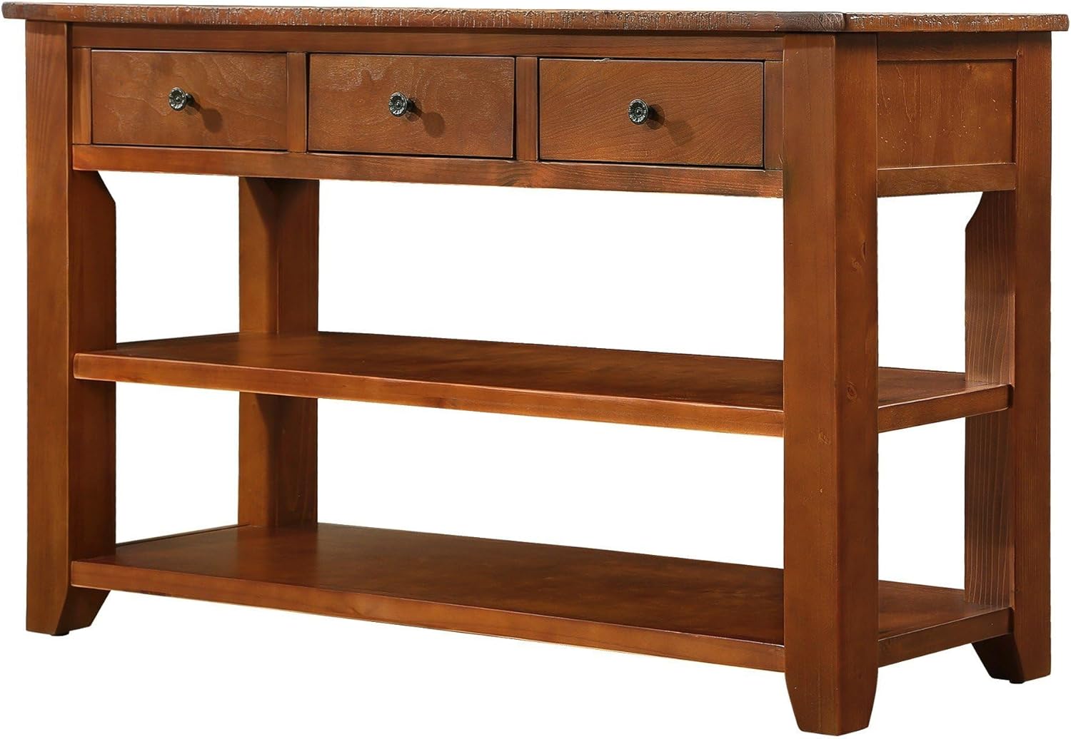 Knocbel Long Console Table with 3 Storage Drawers and Double Bottom Open Shelves, Brown D377
