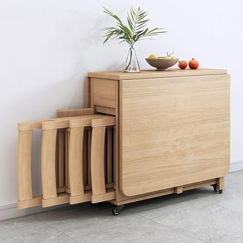 Solid Wood Dining Table Set, Folding Table and Chairs with Storage Drawers and Cabinets, Space Saving, Suitable for Dining Room/Balcony/Narrow Space(with 4 Chairs),A