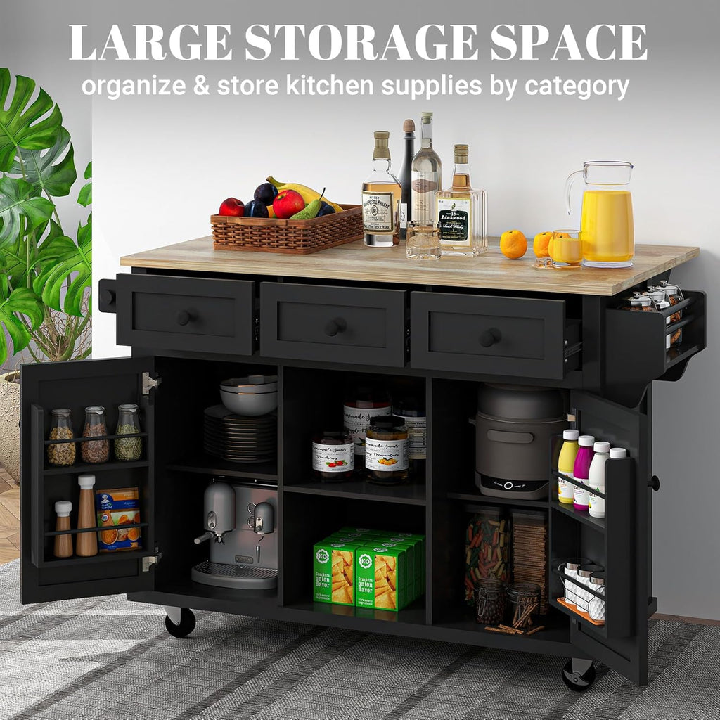 Rolling Kitchen Island with Drop Leaf, Storage, Drawer and Cabinet, 53in, Black C32769