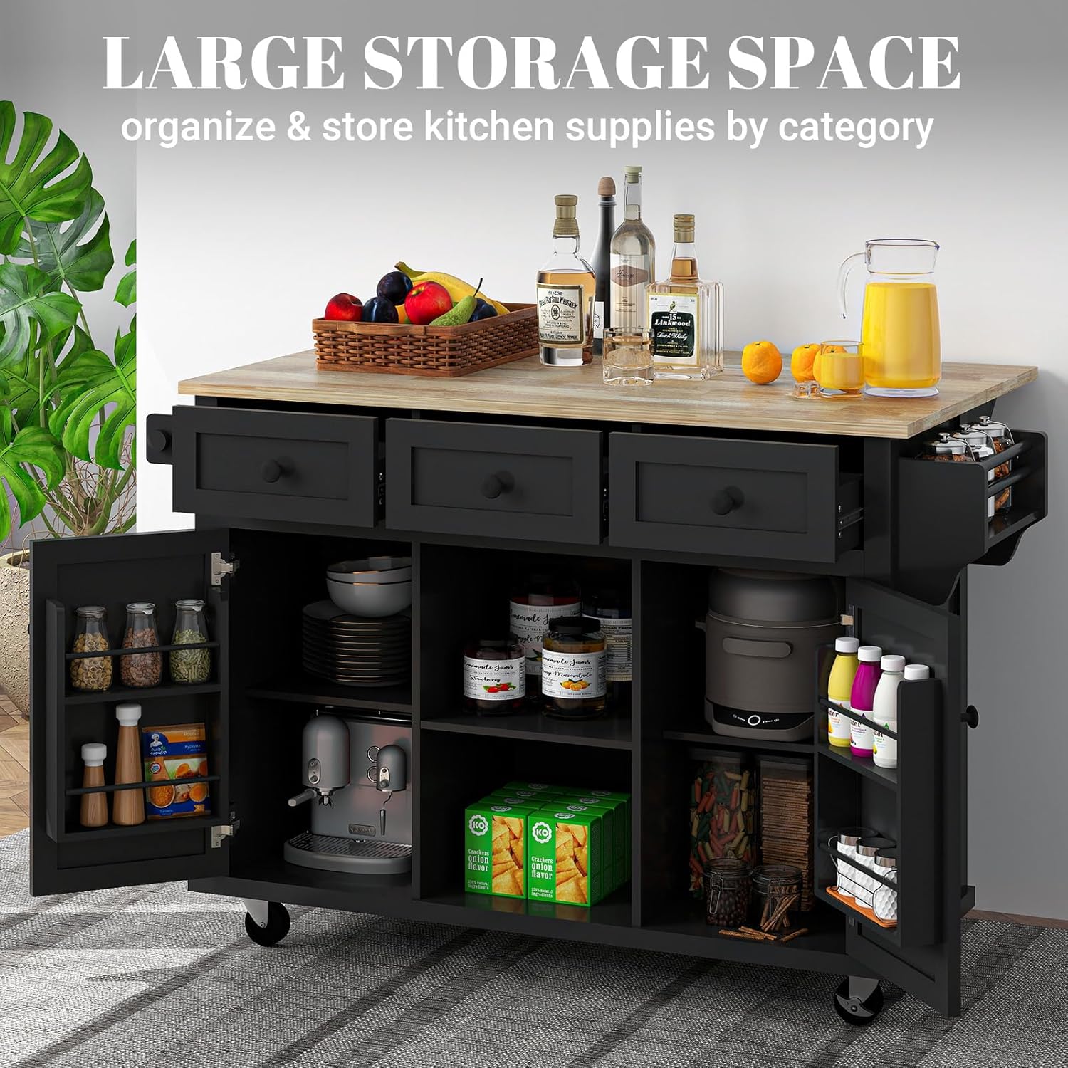 Rolling Kitchen Island with Drop Leaf, Storage, Drawer and Cabinet, 53in, Black C32769