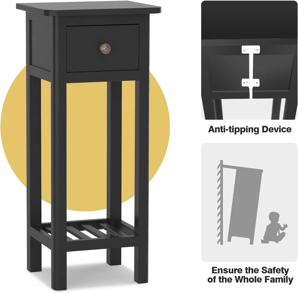 GORELAX Narrow End Table Set of 2 with Drawer & Shelf, Black V9015