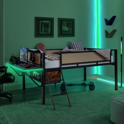 Metal Loft Bed with LED Lights and Desk B7125