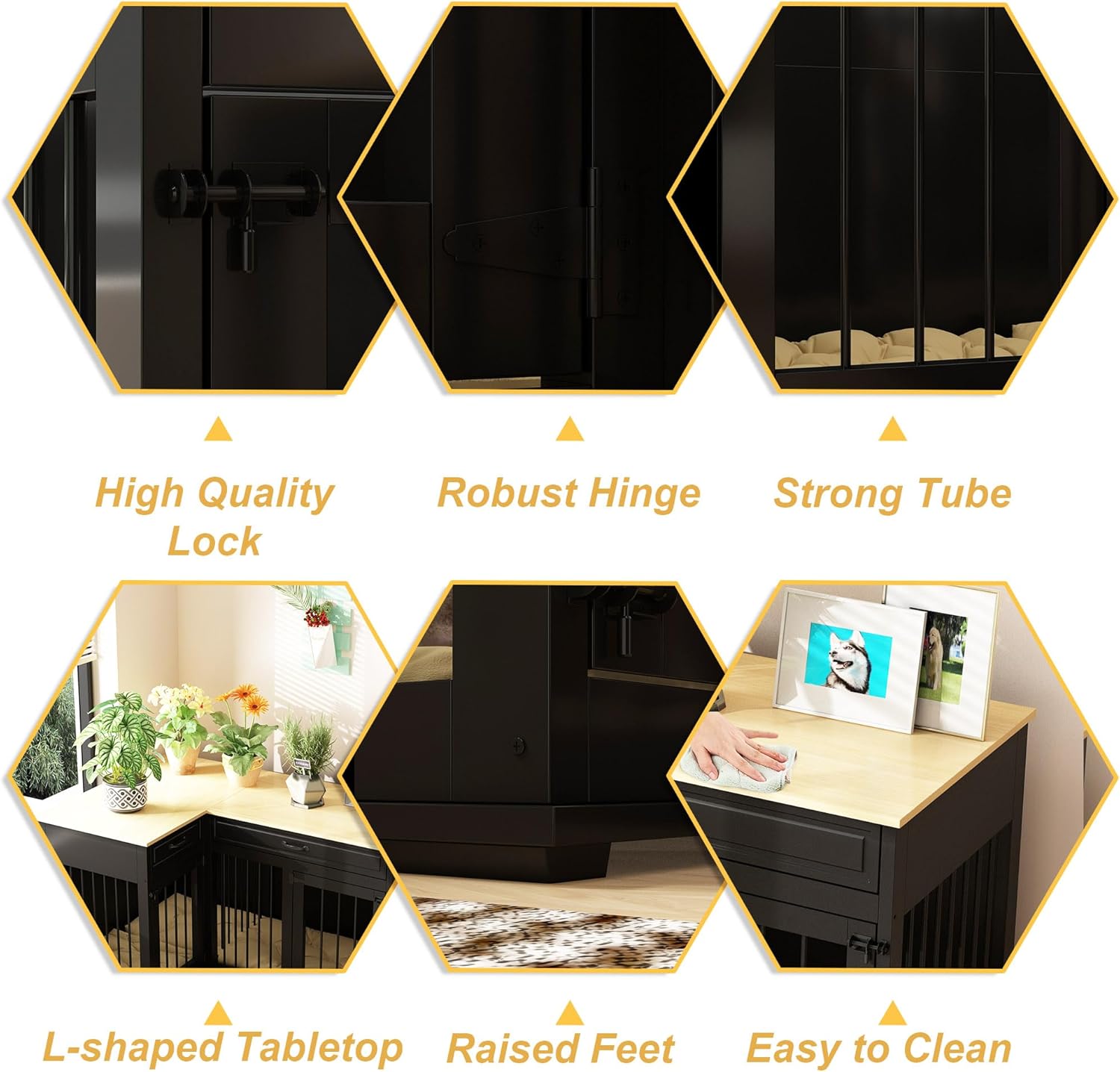 Large Corner Dog Crate Furniture for 2 Dogs, 51" Wooden Kennel with Double Rooms, Black A4644