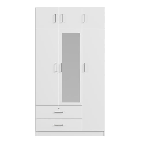 White 3-Door Wardrobe Closet with Drawer and Top Cabinet J149796