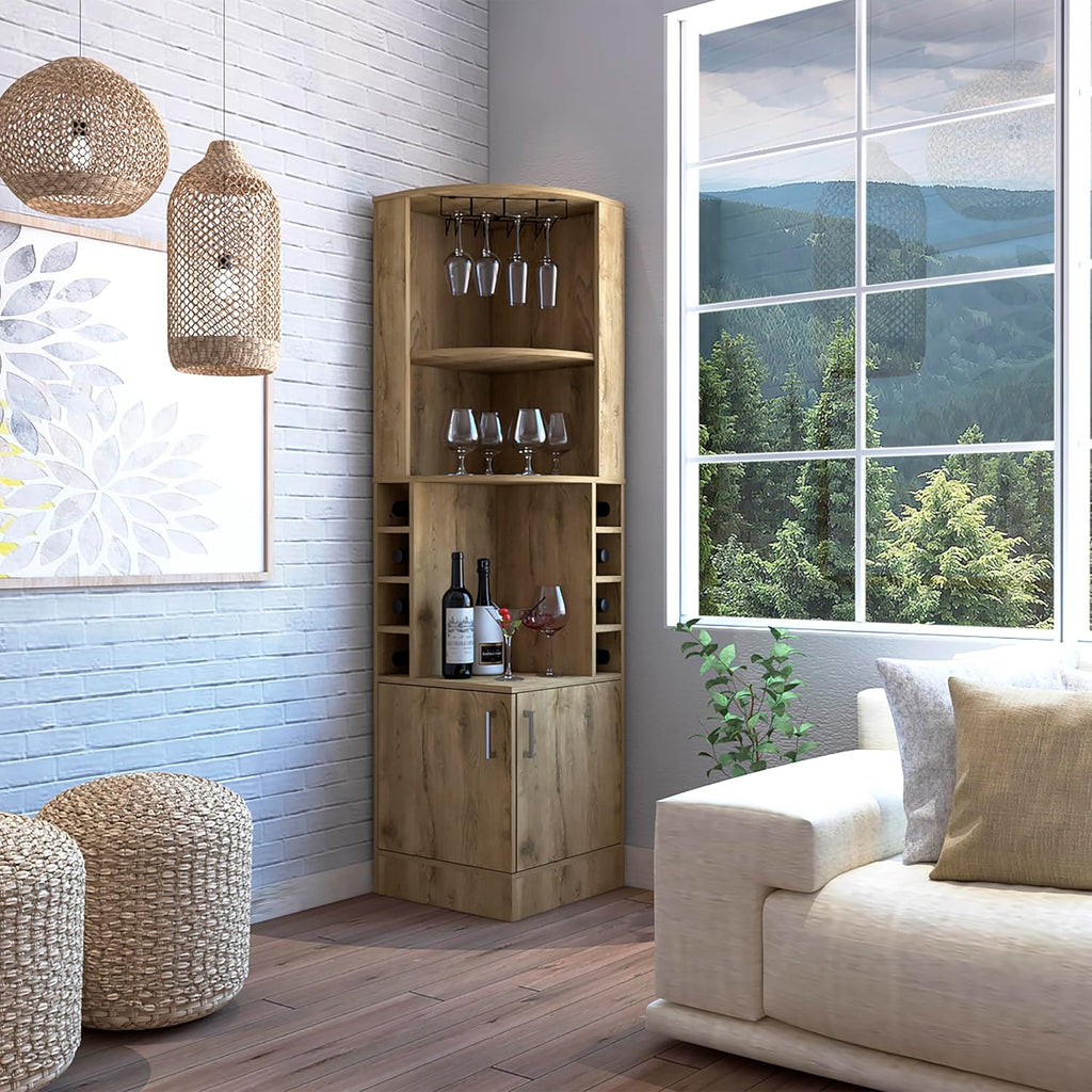 71 Inch Tall Corner Bar Unit Wine Cabinet with Storage for Home Bar, Living Room, Kitchen, Aged Oak