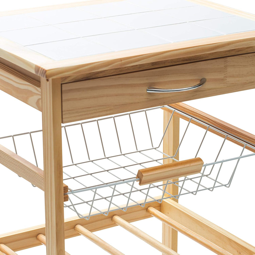 Natural Pinewood Mobile Kitchen Cart with Tile Top, Light Tan C8472