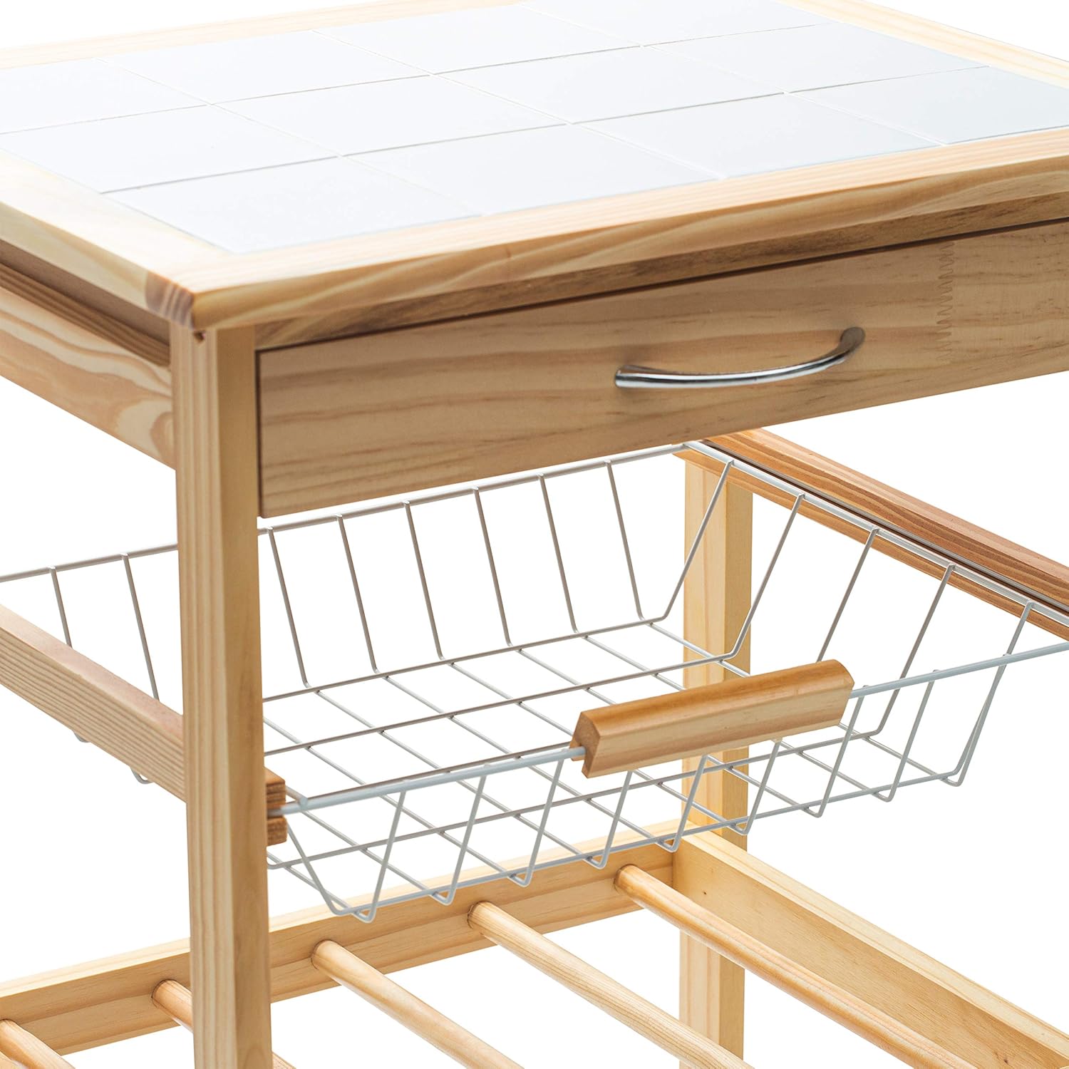 Natural Pinewood Mobile Kitchen Cart with Tile Top, Light Tan C8472