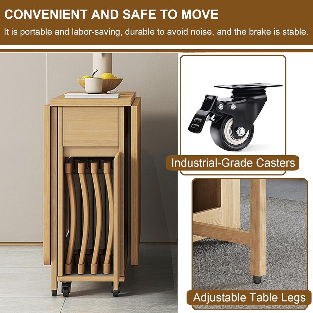 Folding Dining Table with 4 Chairs and Storage Drawers, Wood, with Wheels Z5281