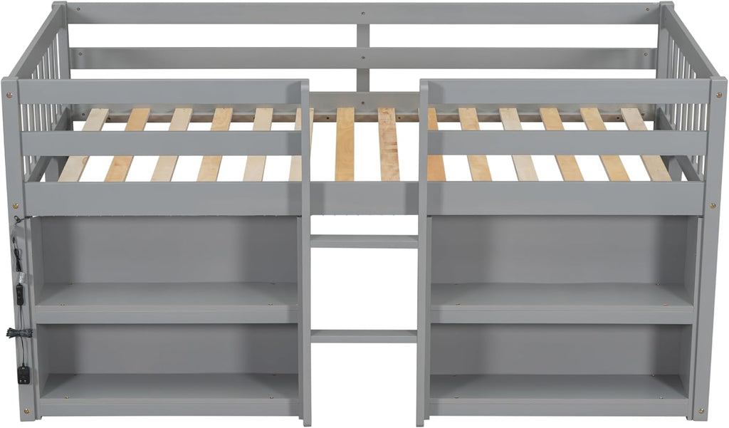 Grey LED Twin Size Low Loft Bed for Kids with Storage Shelves H3282