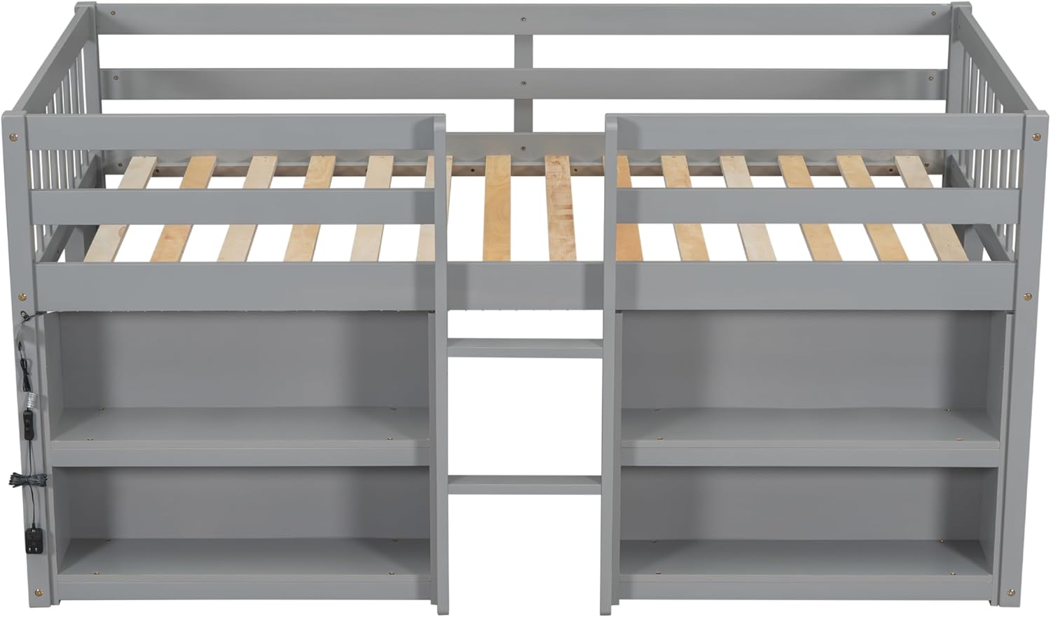 Grey LED Twin Size Low Loft Bed for Kids with Storage Shelves H3282