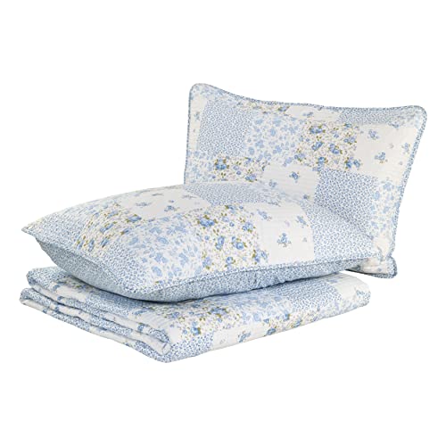 Laura Ashley King Cotton Reversible Quilt Set with Shams, Kenna Blue V86923