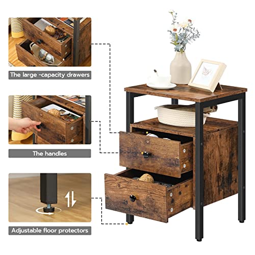 HOOBRO Nightstand, End Table with 2 Drawers and Storage Shelves, Rustic Brown and Black Y607661