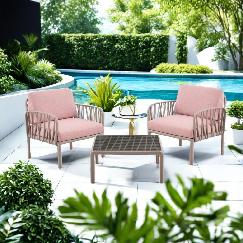 3-Piece Patio Furniture Set with Cushions and Coffee Table, Pink R470