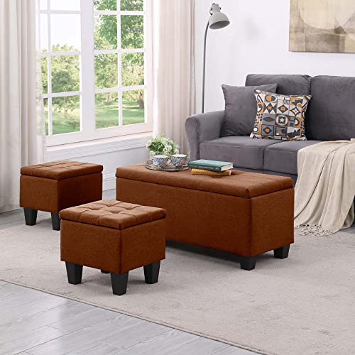 Large Storage Ottoman Folding Bench Set, 3 in 1 Upholstered Linen, Dark Blue L581