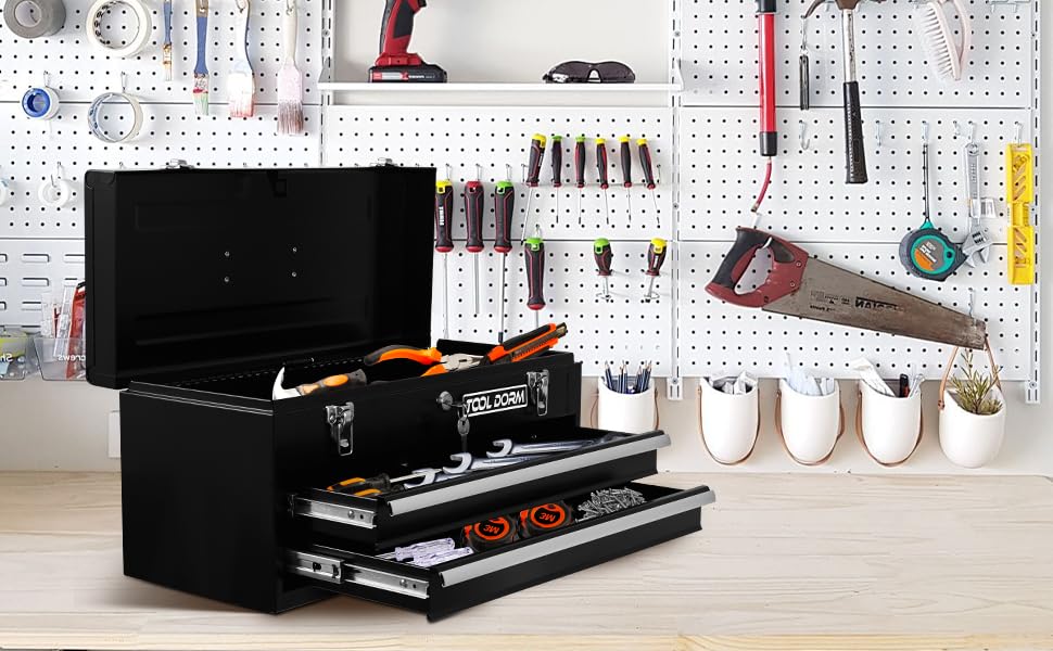 20.3" Metal Tool Box with Drawer, Steel, Lockable, Black K22053