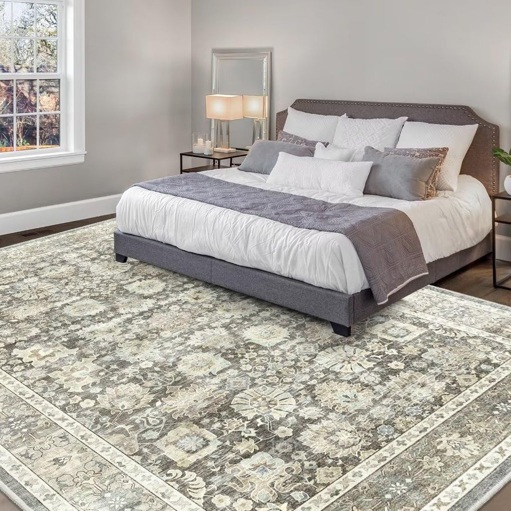HOMFINE Vintage Floral Area Rug 9'x12' Non Slip Grey K3977