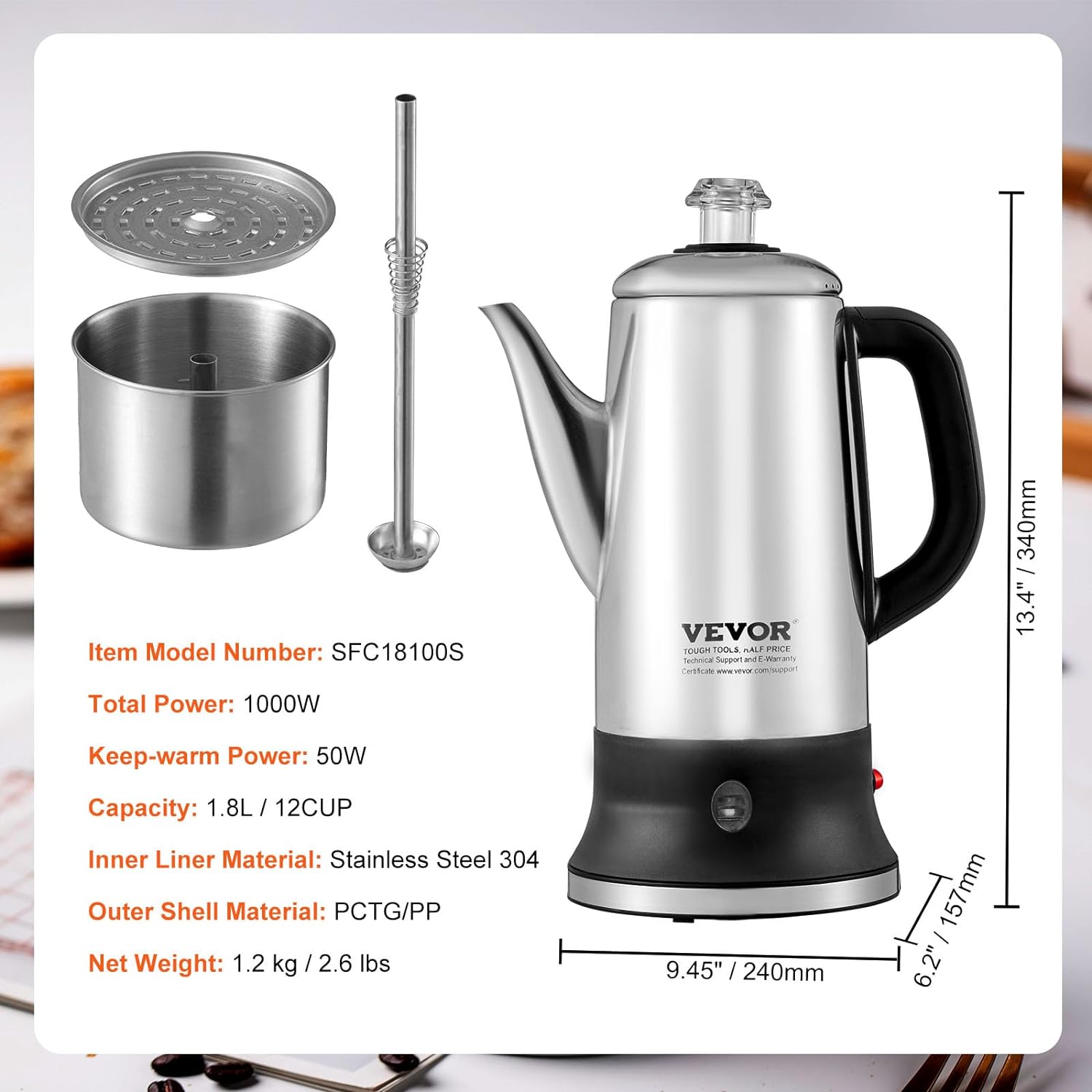 VEVOR Electric Percolator Coffee Pot 12-Cup, 304 Stainless Steel, 1000W V655614