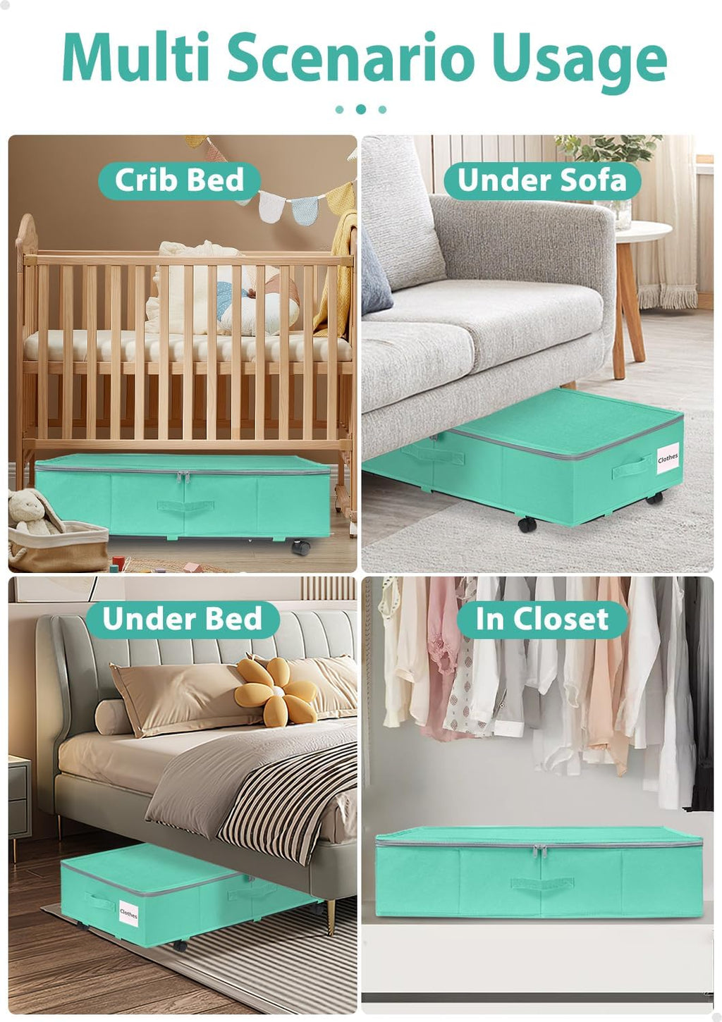 punemi Under Bed Storage Containers with Wheels, 2 Pack Large Foldable, Teal Blue Z4517