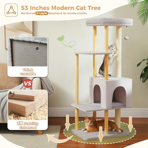 PAWZ Road Large Cat Tree, 53 Inches Modern Wooden Cat Tower for Indoor Cats R627
