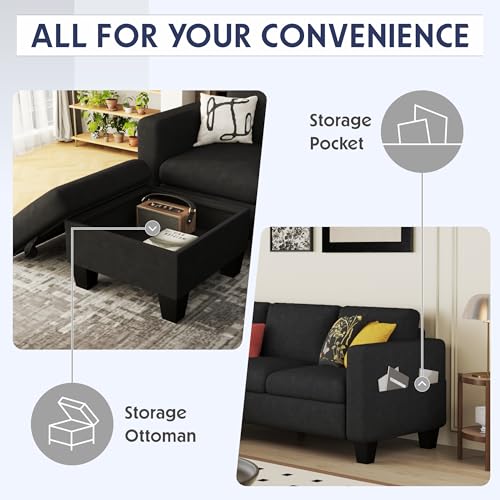 Convertible Sectional Sofa Couch Beige with Storage Ottoman S7169