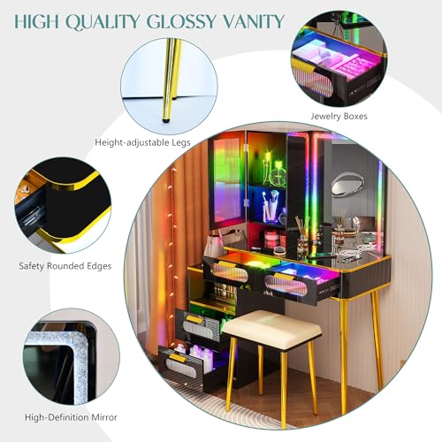 RGB LED Vanity Desk with Mirror and Lights, Charging Station, Black Q4438