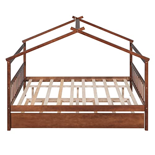 Full Size House Bed for Kids with 2 Drawers, Solid Wood, Gray Q110
