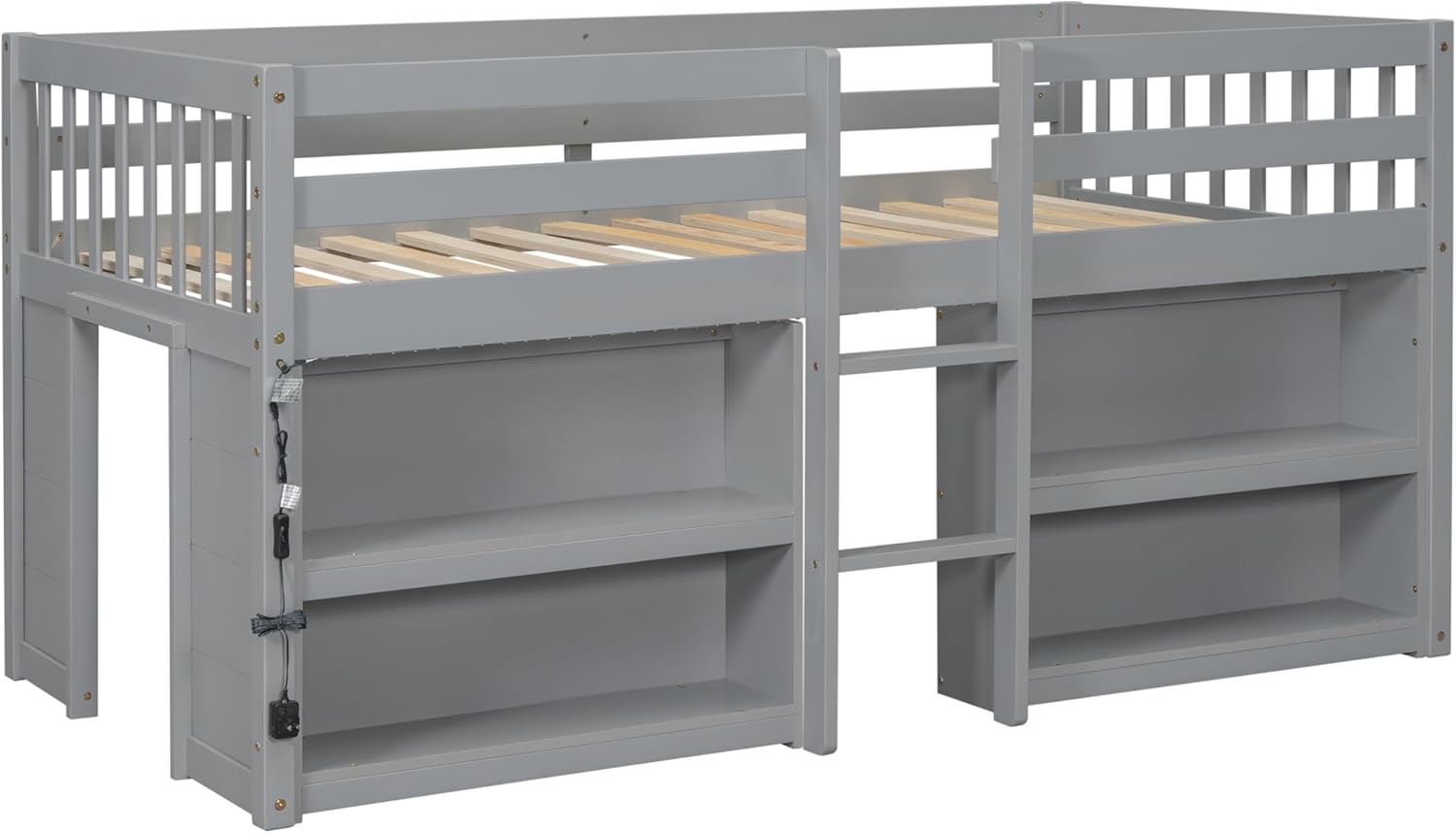 Grey LED Twin Size Low Loft Bed for Kids with Storage Shelves H3282