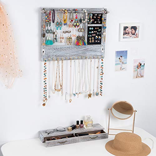 Jewelry Wall Organizer with Drawers, Earring and Necklace Holder (Brown) Z962002