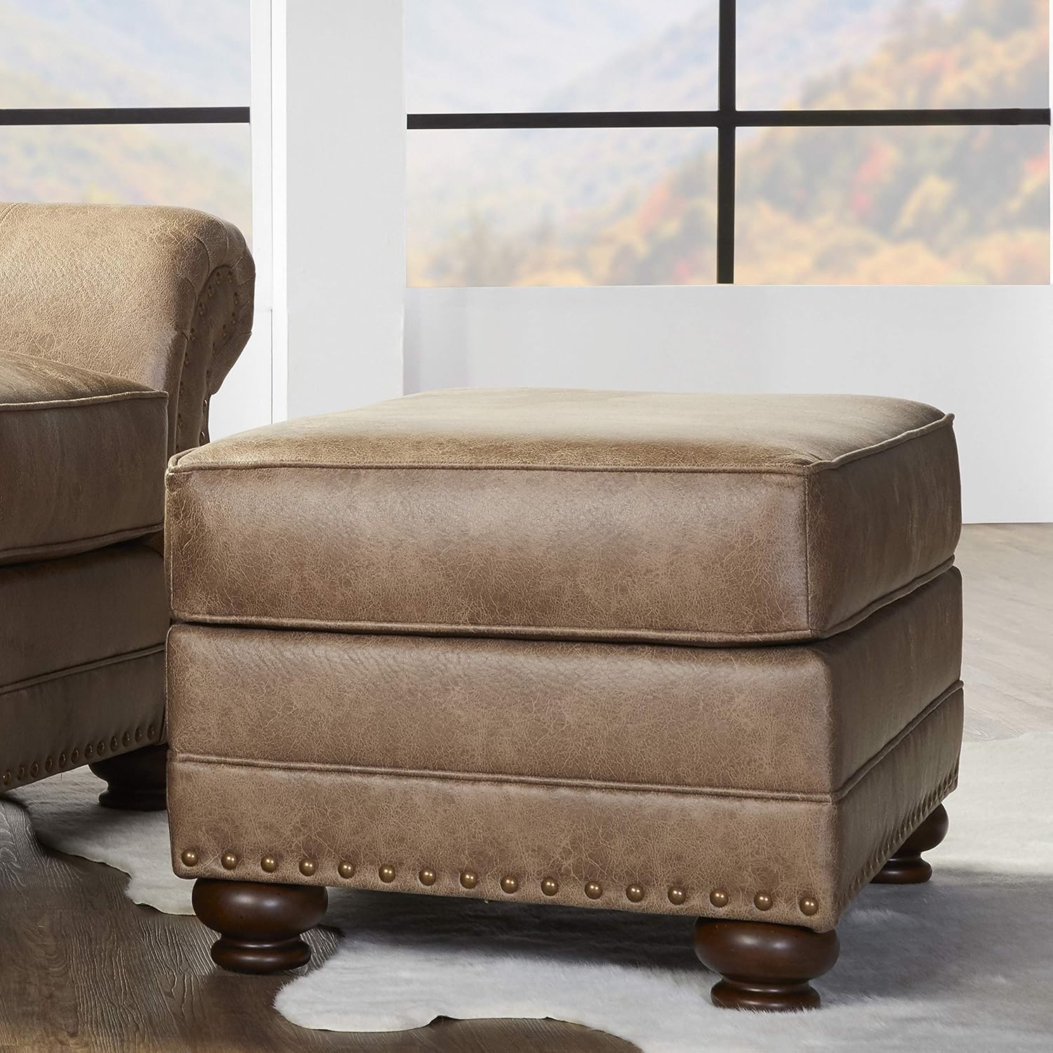 Roundhill Furniture Leinster Faux Leather Ottoman with Antique Bronze Nailheads in Jetson Ginger