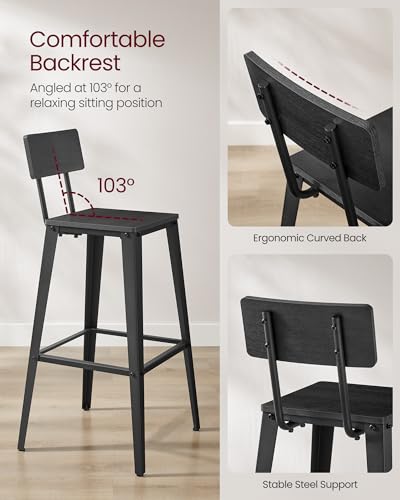 VASAGLE Set of 2 Bar Stools with Back, Steel Frame, Industrial Style, Ash Black and Ink Black I1524