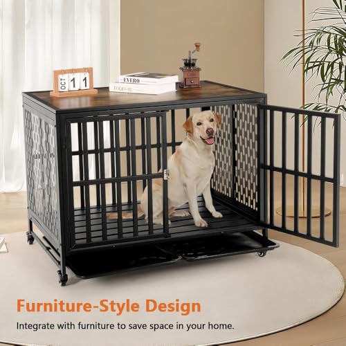 LUCKUP Heavy Duty Dog Crate Furniture for Medium Large Dogs, Indoor Kennel with Trays, Lockable Wheels, 42 inch Black N937