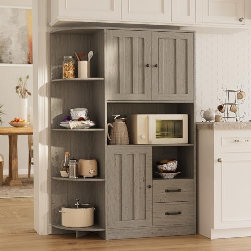 Gizoon 60.4" Farmhouse Kitchen Pantry Storage Cabinet with Doors and Adjustable Shelves, Large Kitchen Hutch with Drawers, Freestanding Cupboard for Dining Room, Living Room, Retro