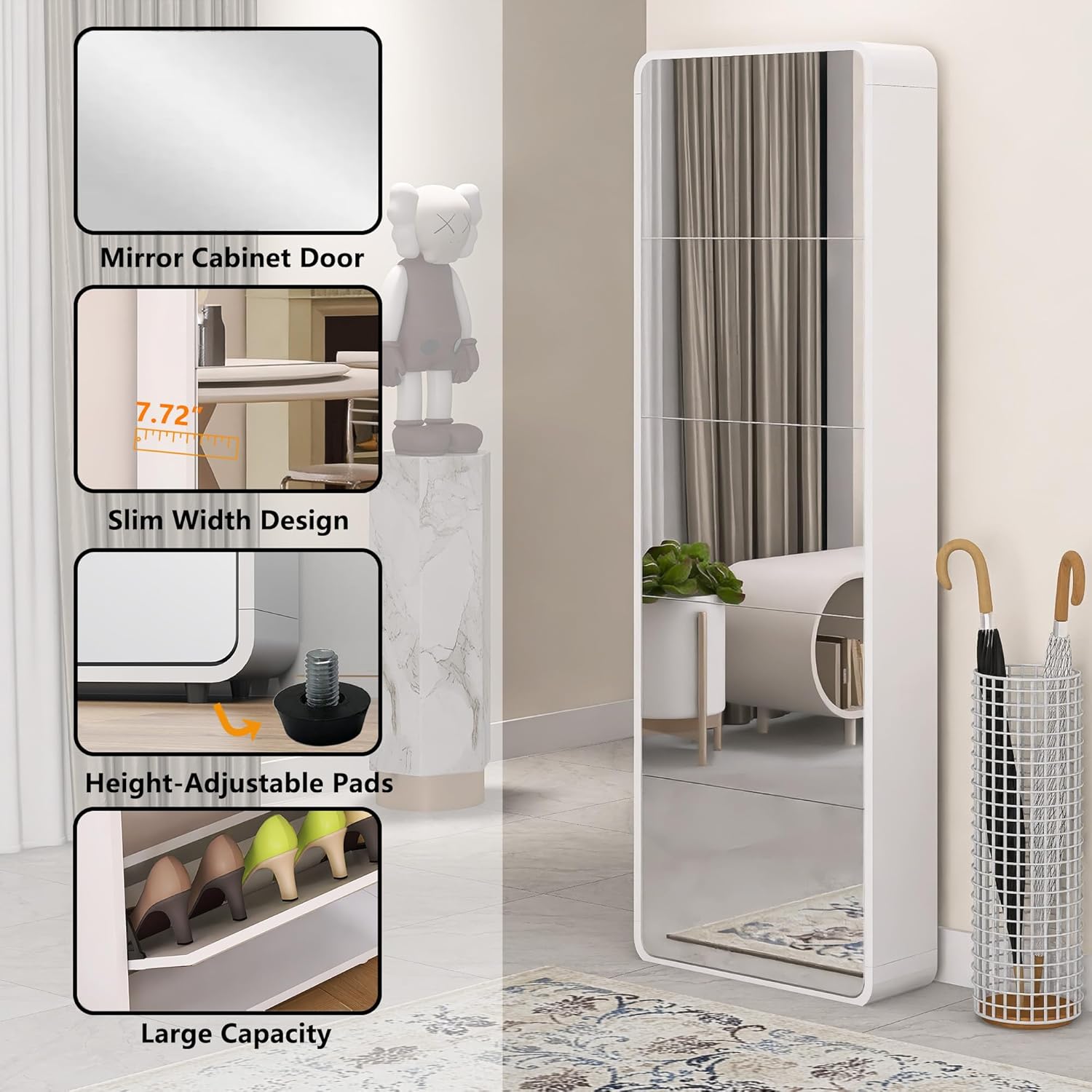 Arc Mirror Shoe Cabinet, Freestanding 5 Tier Shoe Storage Organizer M92924