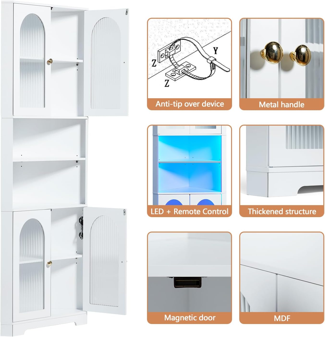 Corner Cabinet with 4 Glass Doors & LED, White Storage Cabinet with 6 Shelves X635813