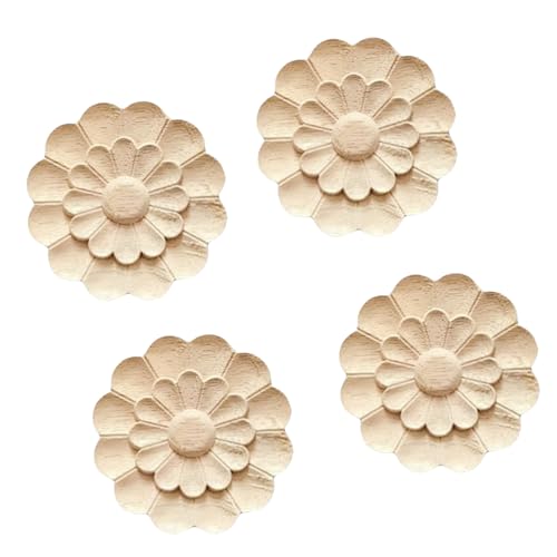 4Pcs Round Wood Appliques and Onlays for Furniture Wooden Carving Decal DIY Wood Appliques Onlays Decorative for Cabinet Bed Door Wall Wardrobe Furniture Decoration(18,8x8cm/3.15"x3.15")