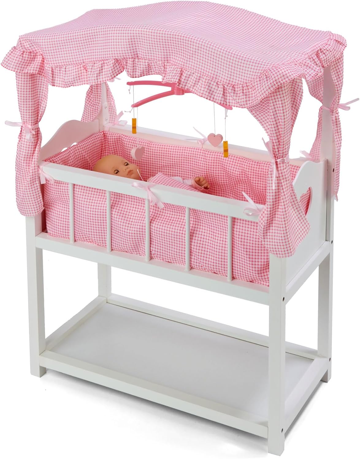 Badger Basket Toy Doll Bed with Storage Baskets and Musical Mobile, White/Pink R614082
