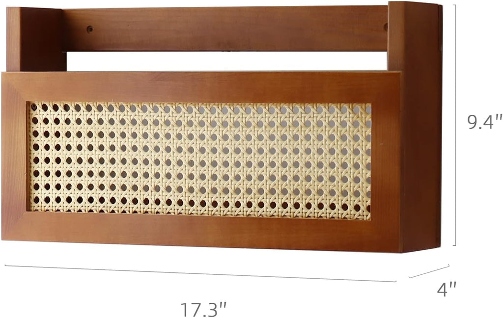 FIRADE Wall Wood Magazine Rack with PE Rattan Grid, Brown V4577