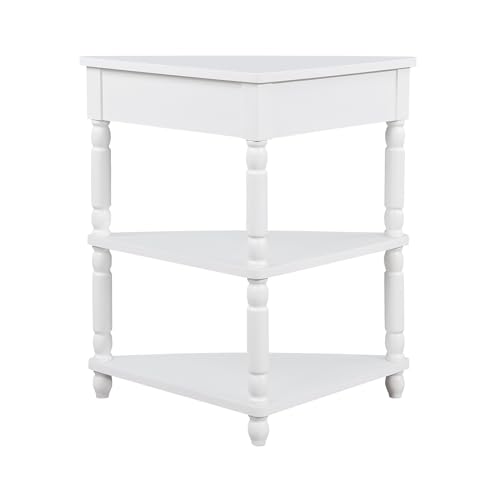 3-Tier Corner Shelf with Drawer, Solid Wood Legs, White H302312