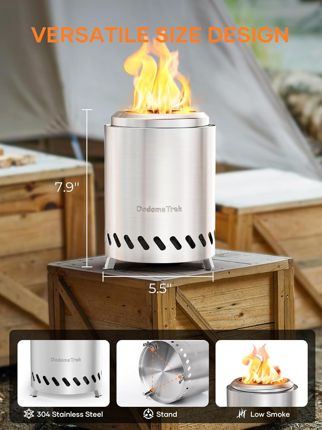 Tabletop Fire Pit 8.7" Smokeless with Travel Bag, Portable Camping Stove, Silver Stainless Steel H2645