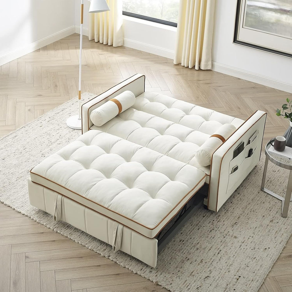 Modern 55.5" Pull Out Sleep Sofa Bed with Side Pockets, Beige K31338