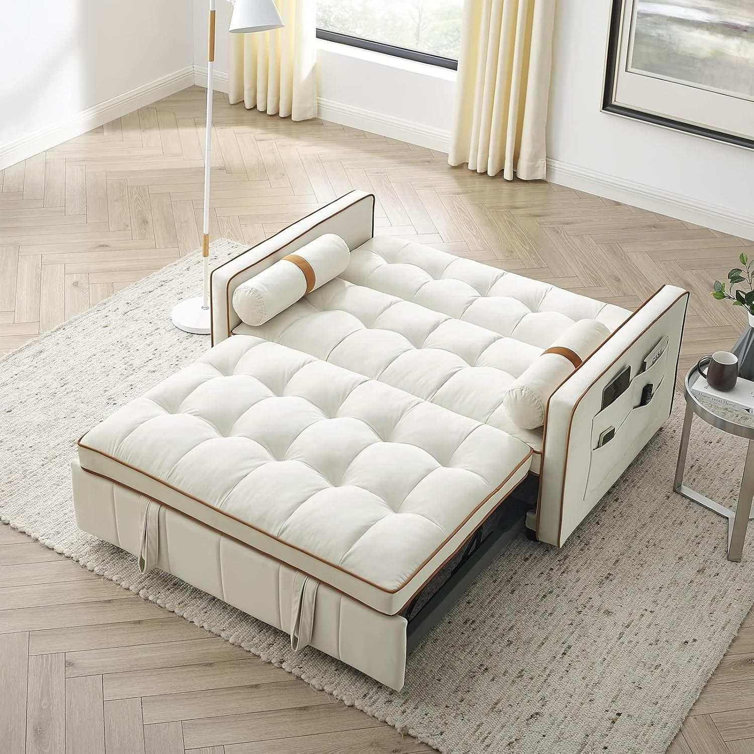 Modern 55.5" Pull Out Sleep Sofa Bed with Side Pockets, Beige K31338