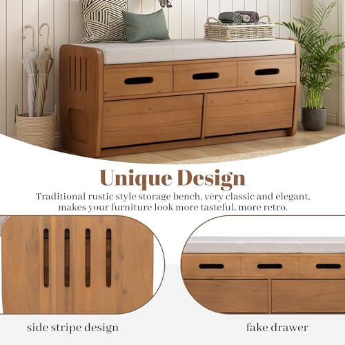 Rustic Wooden Storage Bench with 2 Drawers and Cushion, White O766