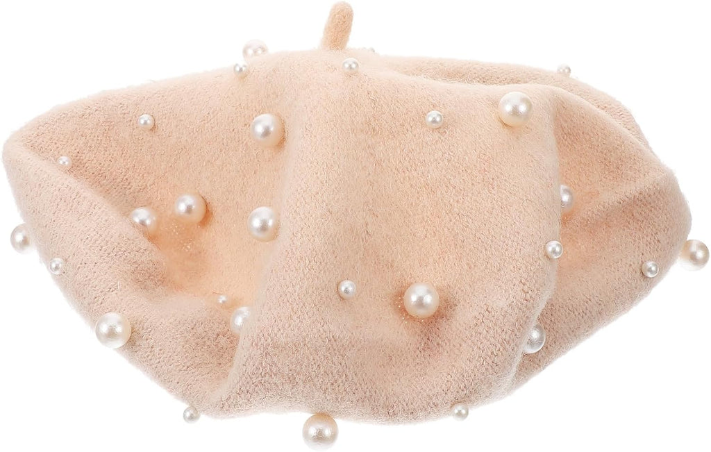 Beret Pearl Autumn Winter Cashmere Beret Starry Beaded Pearl Rivet Wool Beret (Beige)
