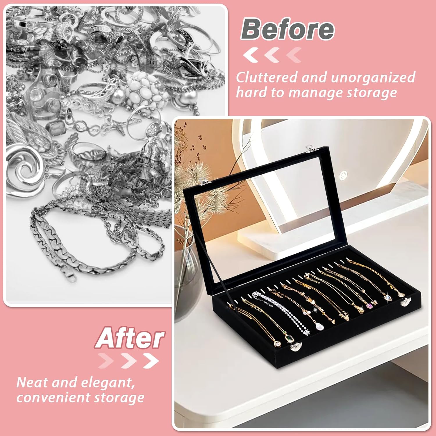 Velvet Jewelry Organizer Box with Clear Lid, 20 Hooks Necklace Holder F716635