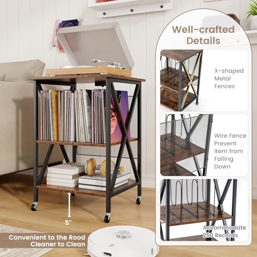 Giantex Record Player Stand with Charging Station, Vinyl Storage Table, Rustic Brown B590639