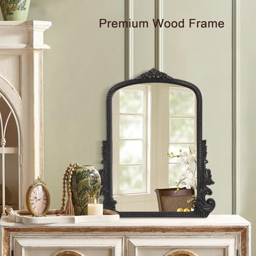 Black Antique Arched Wall Mirror Wooden Frame Baroque Style R6980