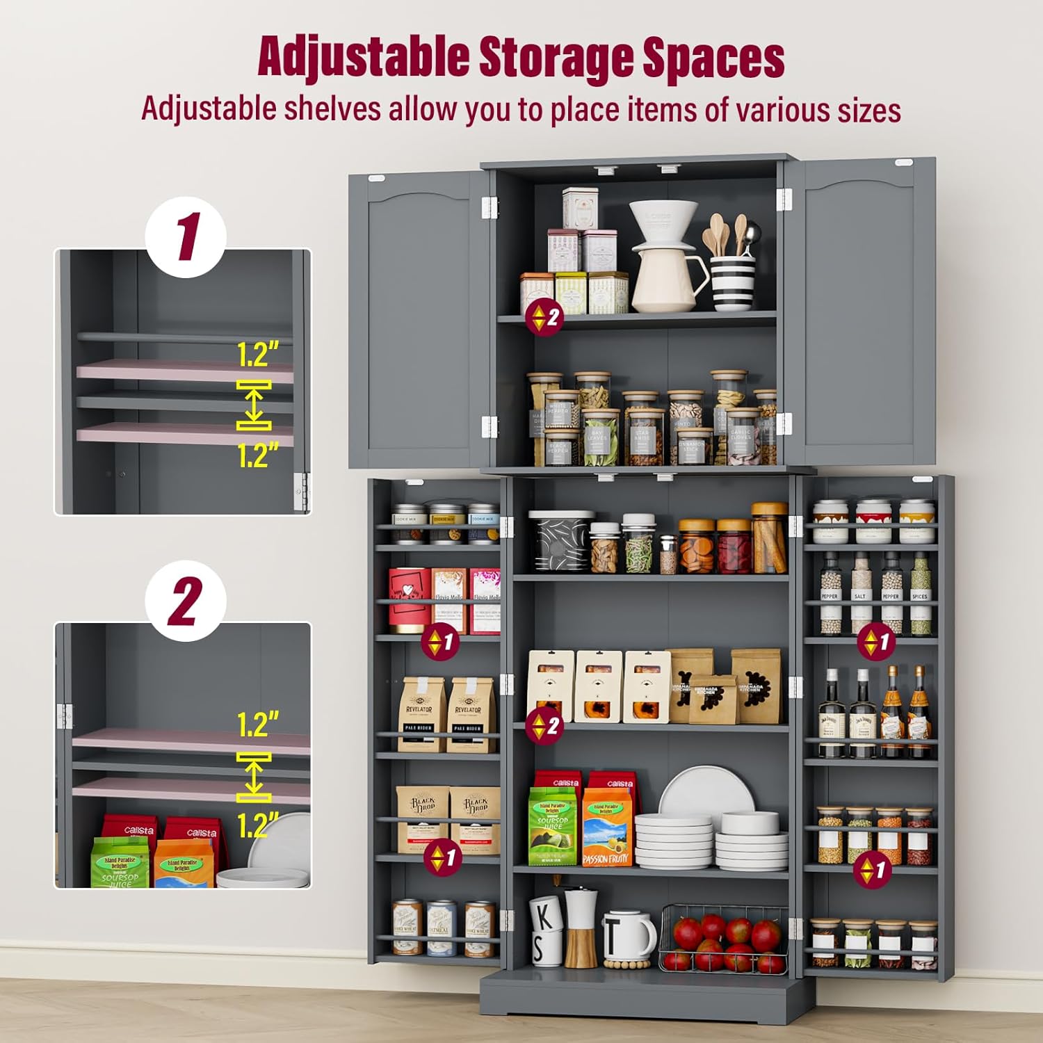 HOME BI 64" Kitchen Pantry Cabinet with Doors and Shelves, Gray Z47661